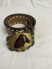 Vintage Hand Tooled Leather Belt Men  s Acorn Rain Tree Buckle Bear Grizzly 42  