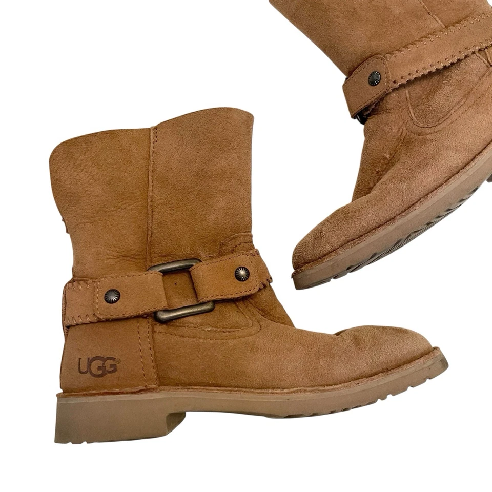 UGG Cedric Biker Suede Boots Women’s Sz 7 Chestnut Brown Leather Fashion Buckle - Image 2 of 4
