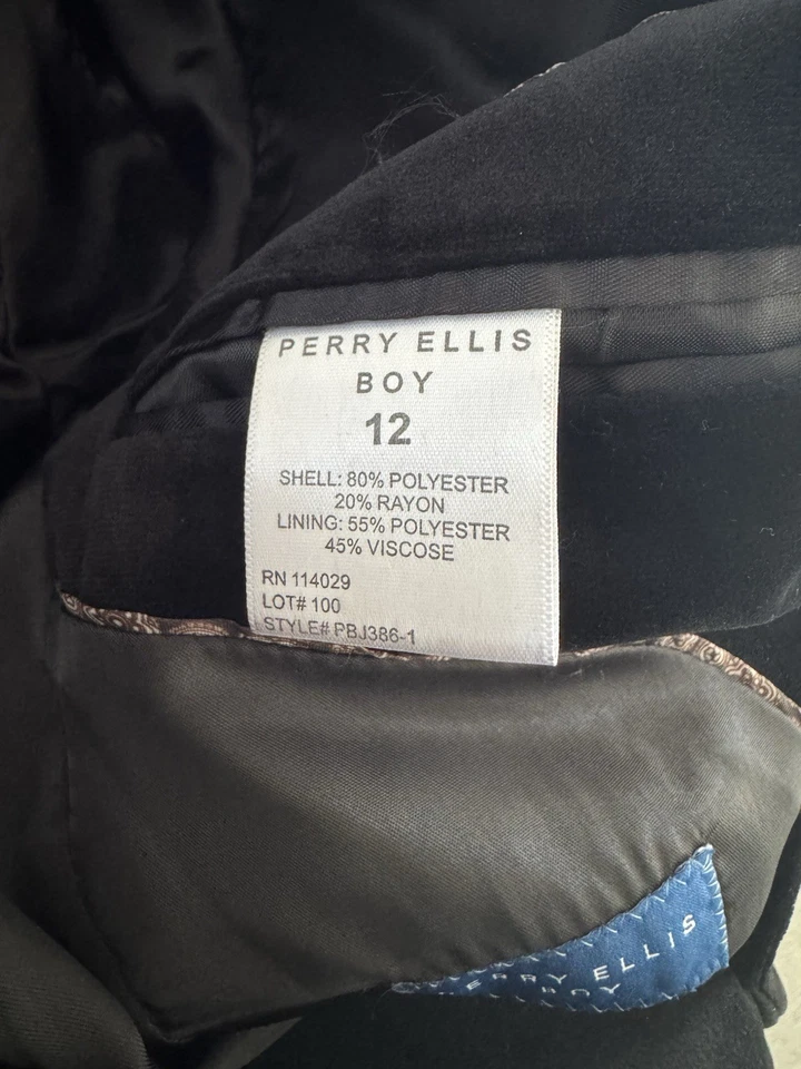 Blazer Traje Chaqueta Perry Ellis Boy Negro Terciopelo Talla 10 Foto 3 de 3
