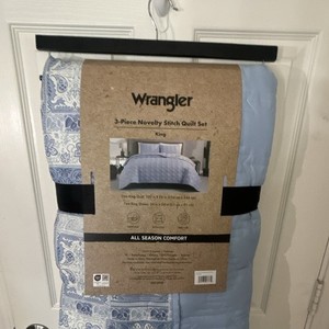 Wrangler 3-Piece Novelty Stitch Quilt Set Blue/White King Patchwork Reversible