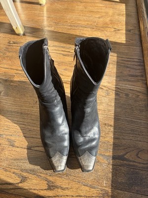 Vero Cuoio Black Leather Western Mid-Calf Boots Square Toe Zip Metal Women 9