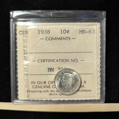 1938   ICCS  Graded Canadian,  10  Cent, **MS-63** #BN 399