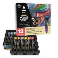 Metallic Acrylic Paint Set of 36 Colors, 0.74 ounce Tubes Non Toxic Artist Pa...