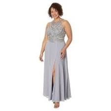 Betsy  Adam Metallic Beaded Chiffon Long Evening Gown Grey Women Size 16 NWT