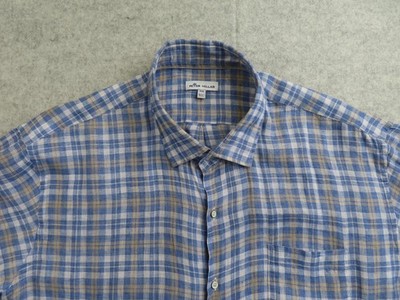 Peter Millar Shirt Mens 2XL Blue Plaid Long Sleeve Button Front Linen Casual