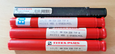 HSS-Bohrer Spiralbohrer von 3x10,5 und 1x10,6 mm, DIN 338, Anzahl 4 Stück