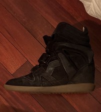 Isabel Marant Bekett Wedge Black Suede High Top Sneakers Strap Accents Women