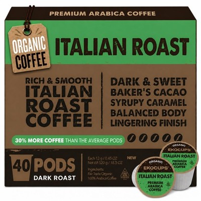 EKOCUPS Organic Italian Roast Coffee Pods, Extra 30% More Coffee Per Cup, Art...