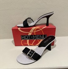 Black Sandal Heels Womens 8M Slip-On Open Toe Silver Buckle w/ Box - VTG Y2K