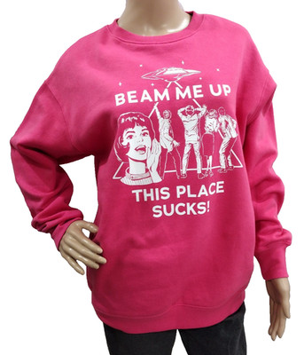 No Boundries Netflix Stranger Things Women's Pink Beam Me Up Pullover Sweater