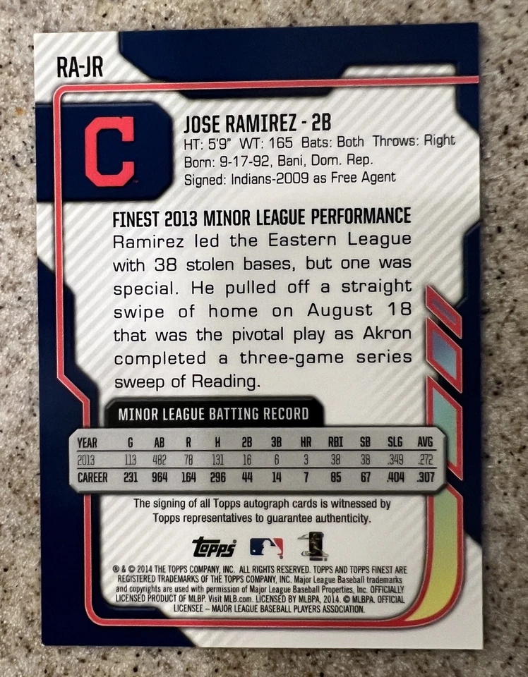 JOSE RAMIREZ  2014 TOPPS FINEST #RA-JR ROOKIE BLUE REFRACTOR AUTO RC /125 - Image 2 of 4
