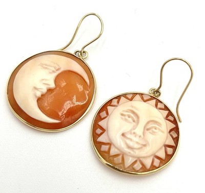 Sun Moon Cameo Shell Corniola Earrings 25mm 14kt Yellow Gold Handmade