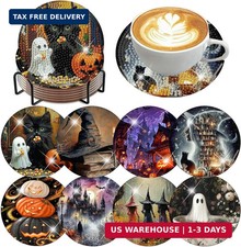 ijbnhd 8 Pcs Halloween Diamond Art Coasters Kits Cork Wooden Pad 