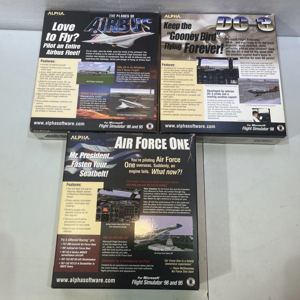 3 Microsoft Flight Simulators Big Box Air Force One, DC-9, Planes Of Airbus NOS - Image 2 of 4