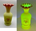 VTG Hand-Painted Satin Rose Burmese Vase Pinched Ruffle Pink Roses, Signed-Glows