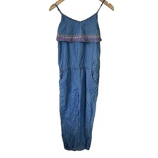NWT Roxy Girl Chambray Embroidered Trim Side Pockets Elastic Waist Jumpsuit 14