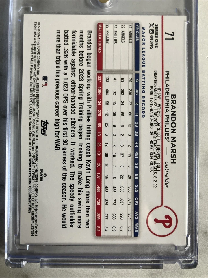 Brandon Marsh In Person On Card Autograph 2024 Topps Series 1 - Marsh #71 - Image 3 of 3