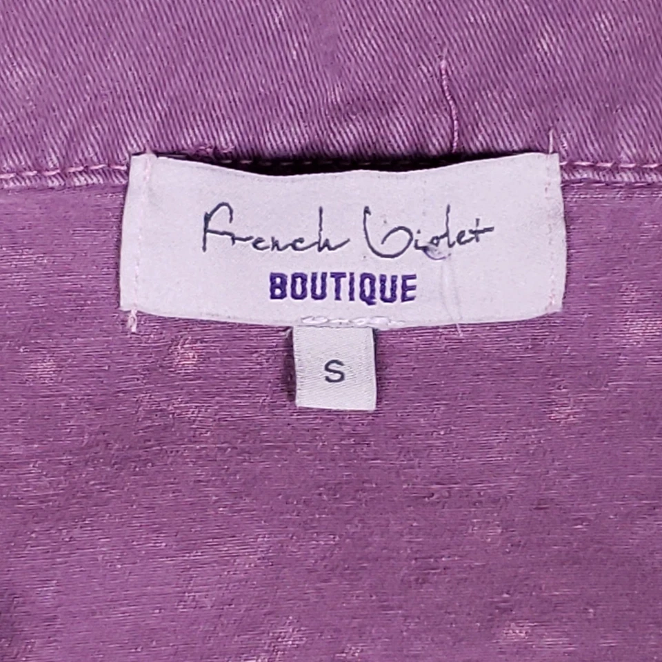 Macacão jeans roxo boutique violeta francês feminino pequeno manga curta utilitário - Imagem 4 de 4