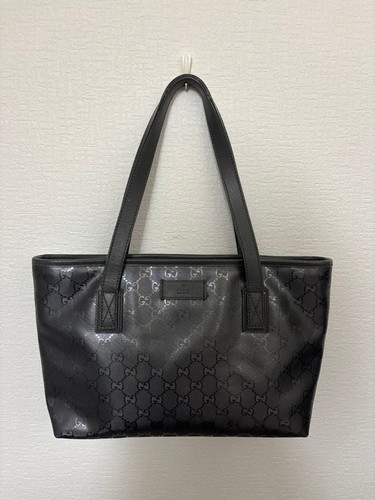 GUCCI GG Tote Hand Bag Ziplock Leather PVC Black Silver Hardware From Japan