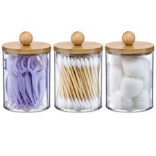 3 Pack Qtip Holder Dispenser with Bamboo Lids - 10 Oz Clear Plastic