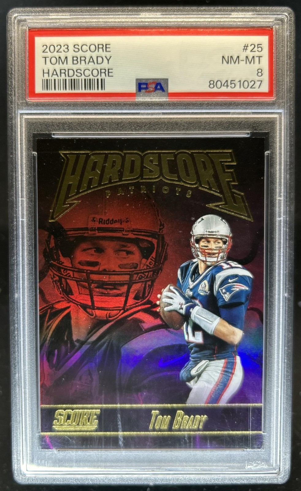 2023 Panini Score Tom Brady Hardscore #25 Patriots PSA 8 view 1