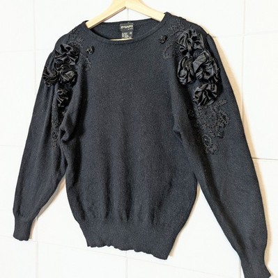 Vtg 80s Silk Angora Beaded Rosette Shoulders Romantic Maximalist Size M