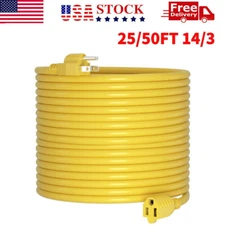 25/50 ft Extension Cord 14/3 Gauge SJTW Outdoor Heavy Duty Power Cables Yellow