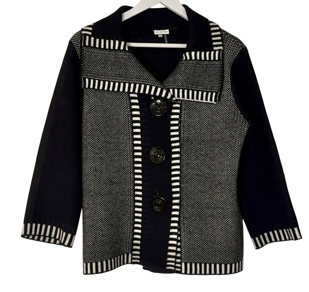 Sioni black and white wool blend button-front collared sweater