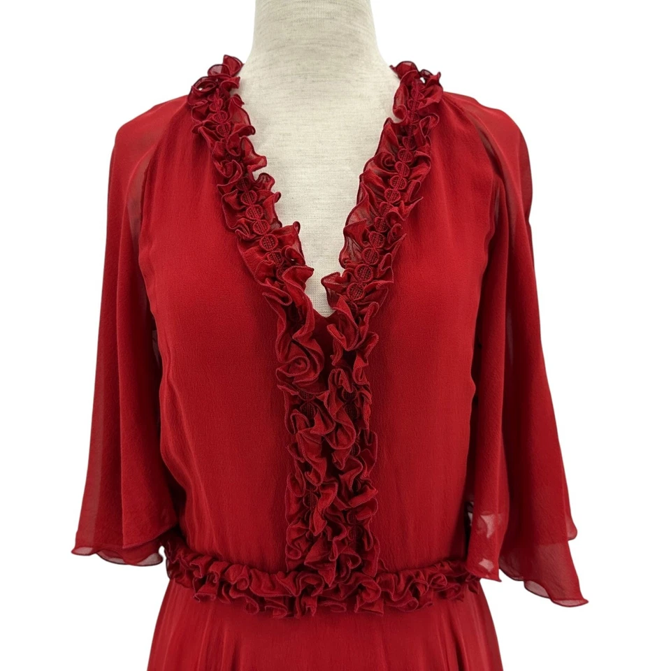 LONGCHAMP Mujer 6 Vestido Seda Manga Acampanada Rojo Vestido Midi Fiesta Cóctel Foto 2 de 4