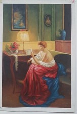 Quadro Dipinto a Mano Olio Su Tela DAME CAVALIERI 60x90CM con telaio unico ART 2