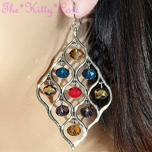 Deco Boho Chic Czech Rainbow Glass Bead Gold Chandelier Trellis Gypsy Earrings - Picture 2 of 10