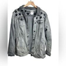 Lularoe Jaxon Gray Denim Jean Jacket Embroidered Stars Sz Large Moto