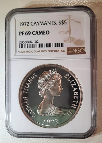 1972 CAYMAN ISLANDS, SILVER 5 DOLLAR -- NGC PF 69 CAMEO,  FINEST KNOWN