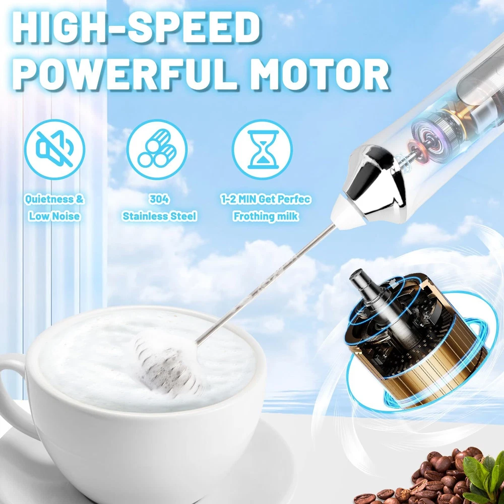 Milk Frother USB-C Rechargeable Handheld Frother Wand with 2 304 Stainless Wh...
