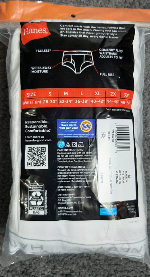 Men's Underwear Briefs Size M 3234 Hanes TagLess 9 Pair White Cotton