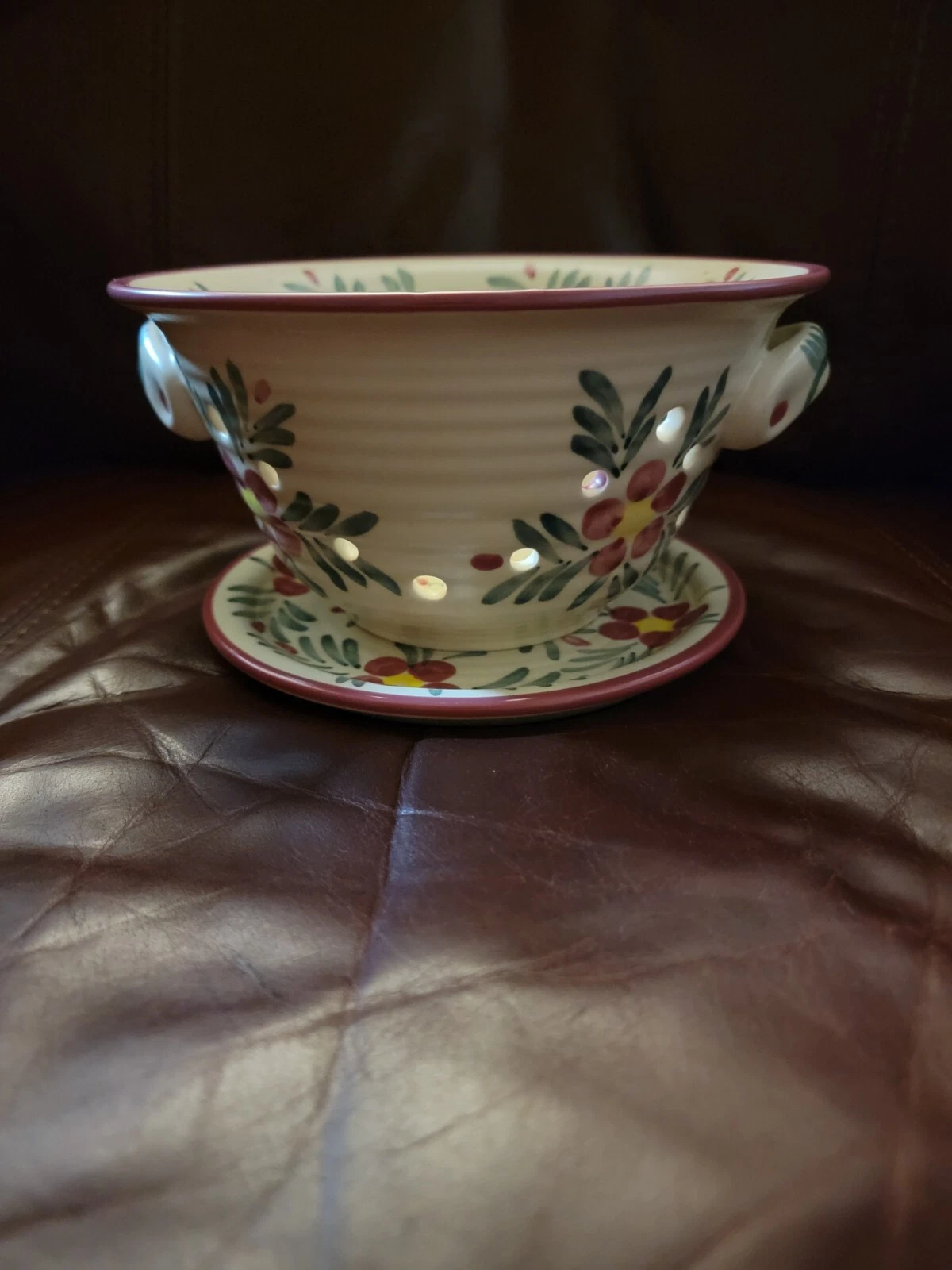 New Debco Berry Bowl Ceramic Colander w Plate Pink Green Floral Design.