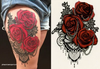 Sexy Large Red Roses Lace Waterproof Temporary Tattoo Sticker Fake Women Ladies