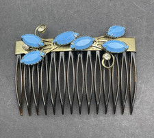 Vintage Hair Comb Gold Metal French Blue Thermoset Plastic  Rhinestones 1950s