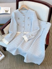 Spring Winter French Tweed 2Piece Set Short Jacket Coat Woven Long Skirt Suits