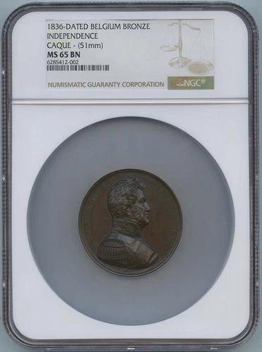 1836 Dated Belgium Independence Bronze Medal CAQUE 51mm NGC MS65
