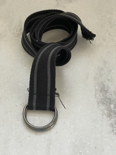 Kids Fabric Belt 30 Inches Black W Gray Stripes Gray Metal Rings - Picture 4 of 4