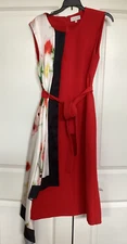 Halston red belted dress abstract satin flower drape down on side, size 12