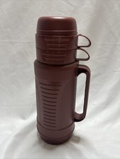 Vtg THERMO-SERV Thermos 1 Liter 2 Screw On Cups Reddish/brown