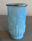 Vintage Avon Wingsong Vanity Bristol Blue Milk Glass Relief 5"Vase With Goldtrim