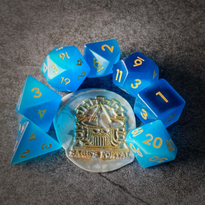 Sage's Treasures - Gemstone Blue Cat's Eye Polyhedral Dice Set Dungeons Dragons 