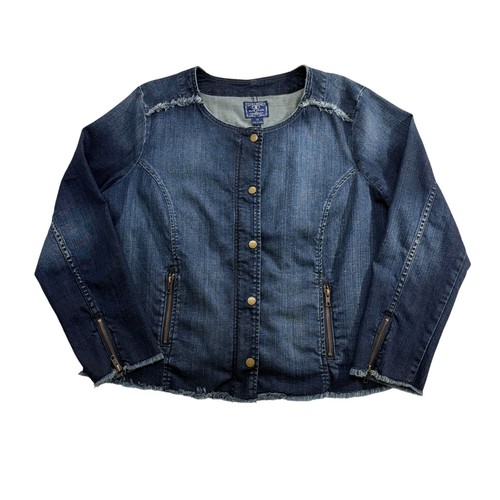 Lucky Brand Distressed Denim Jean Jacket Snap Zip Up Raw Hem Moto Plus Size 2X - Picture 5 of 10