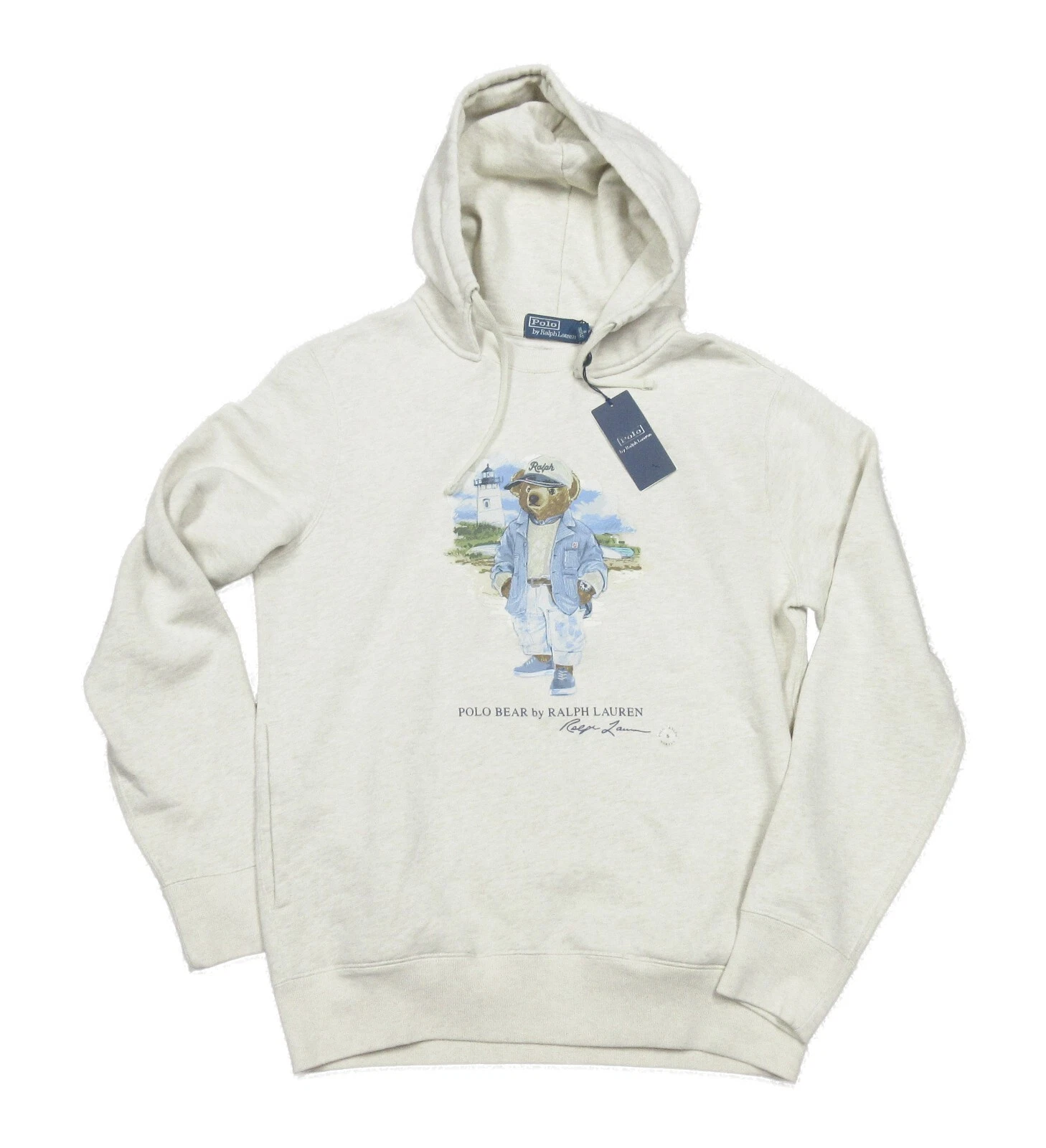 Polo Ralph Lauren Men's White Beige Polo Bear Graphic Fleece Pullover Hoodie