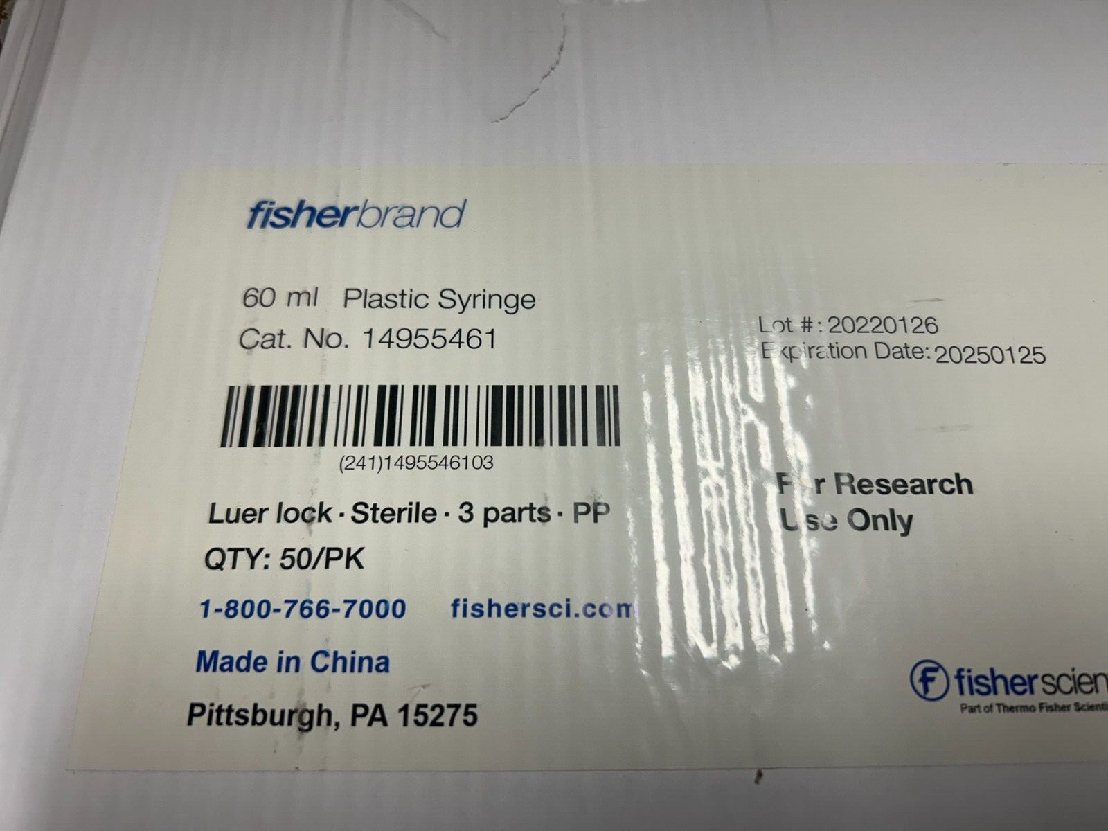 Lot of 7 New Fisherbrand 14955461 50/PK 60ml Plastic Syringe's