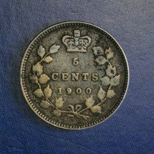 1900 Canadian 5 Cent Silver Small Date, Narrow 0's F