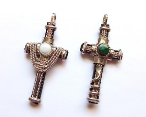 📌2 Peruvian Art Cross Pendants Murano & Turquoise Stone Cabochon Alpaca Silver